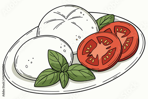 61 mozzarella cheese, tomato slices, basil leaves, plate, realistic, food photography, digital art, hyper realistic