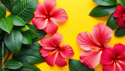 Wallpaper Mural Bright tropical hibiscus flowers with green leaves on vibrant yellow background Torontodigital.ca