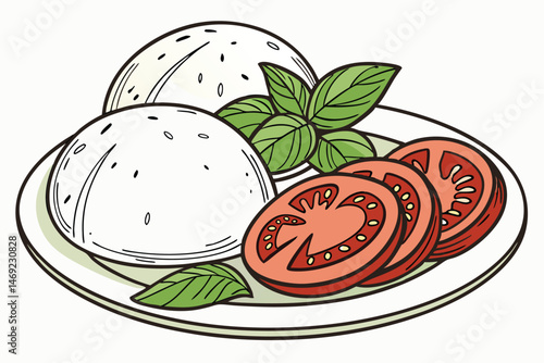 61 mozzarella cheese, tomato slices, basil leaves, plate, realistic, food photography, digital art, hyper realistic