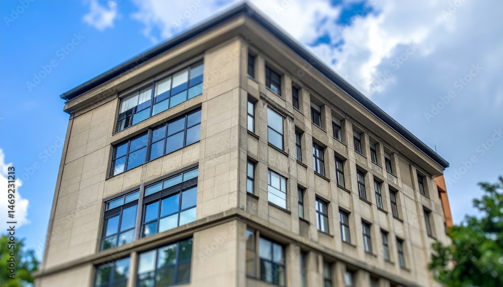 Modern Building Exterior with Glass Windows Against Blue Sky Modern Building Exterior with Glass Windows Against Blue Sky