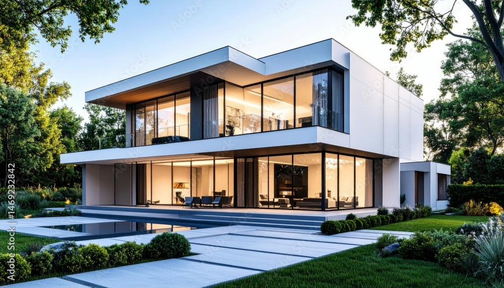 Modern Architecture with Glass Facade in Beautiful Green Landscape Modern Architecture with Glass Facade in Beautiful Green Landscape