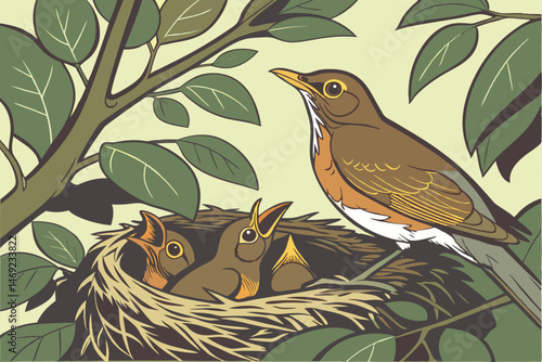 63 detailed nest surrounded by lush foliage, close-up shot of a nest with baby birds and parent bird, crisp focus, photorealistic, natural lighting, vibrant colors, depth of field