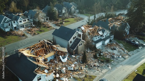 Aerial view of destroyed homes after a natural disaster