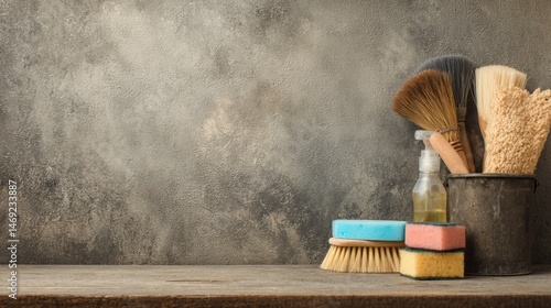Tools for Cleaning Rest on a Rustic Wooden Table Against a Faded Urban Background Generative AI