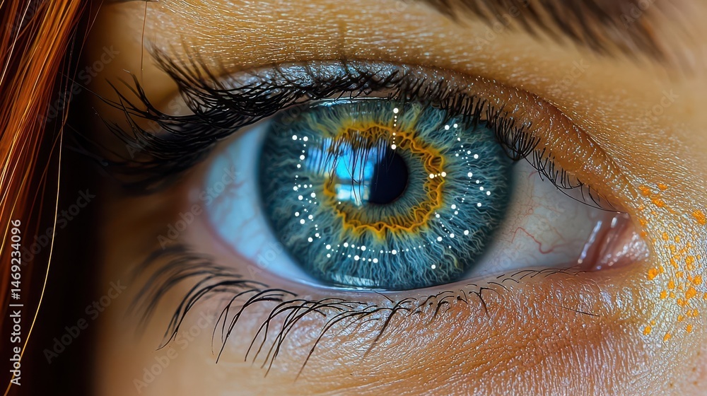 Fototapeta premium Close-up of an eye with biometric technology being used for identity verification, symbolizing the future and security in data protection,