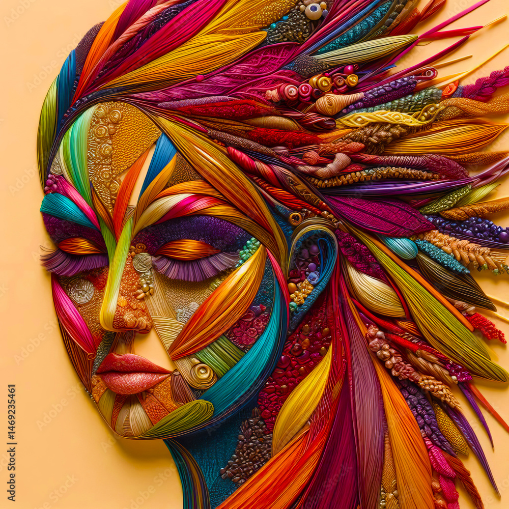 Naklejka premium Woven Ribbons & Threads Textured Portrait - Vibrant Textile Face Art 