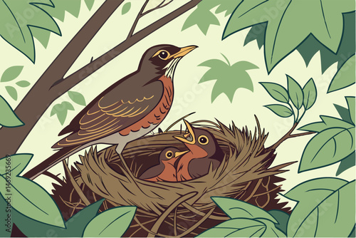 63 detailed nest surrounded by lush foliage, close-up shot of a nest with baby birds and parent bird, crisp focus, photorealistic, natural lighting, vibrant colors, depth of field