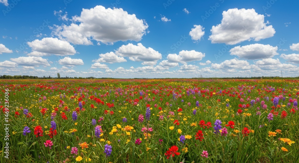 Vibrant wildflower field under a cloudy sky Vibrant wildflower field under a cloudy sky