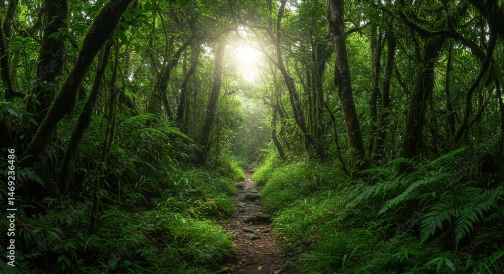 Fototapeta premium Path through a dense green forest with sunlight filtering through