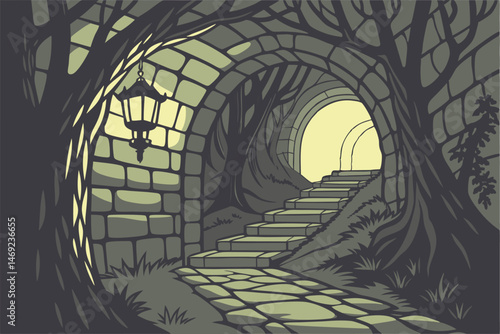 64 a dimly lit tunnel with brick walls, glowing lanterns illuminating the path, leading to a bright opening in the distance, magical, fantasy, atmospheric, intricate details, cinematic lighting, mysti