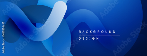 Abstract blue gradients create flowing shapes. Modern design features smooth curves, dynamic composition. Background suggests technology, innovation.