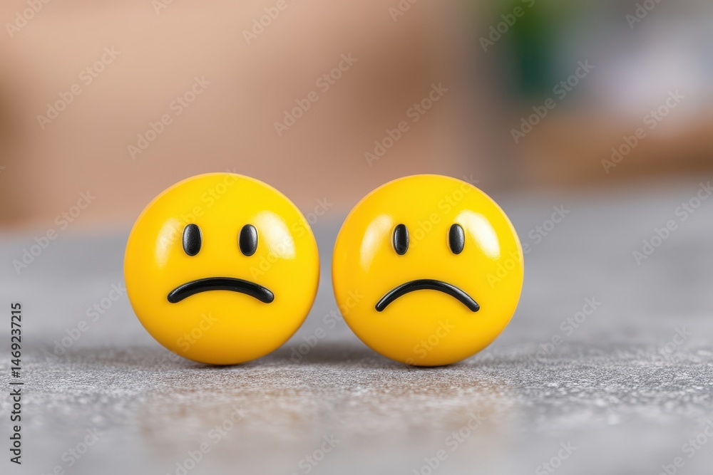 Fototapeta premium Two yellow emoticons with sad faces conveying feelings of disappointment and sadness set against a blurred background highlighting emotional expression and mental wellness