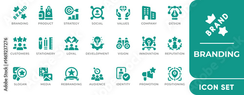 Branding Icon Set featuring vector icons of logo design, identity, marketing, strategy, and visual assets. Perfect for brand kits, creative decks, and agencies.