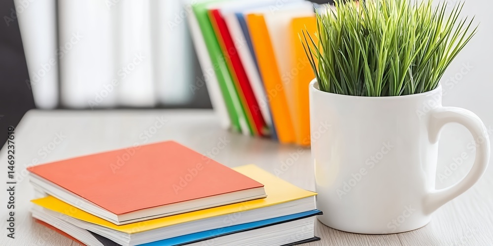 Fototapeta premium A stack of colorful books next to a white mug with grass and colorful folders on a white table
