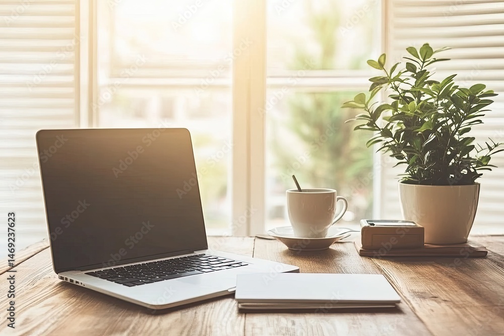 Modern workspace with laptop, coffee, and plant Modern workspace with laptop, coffee, and plant