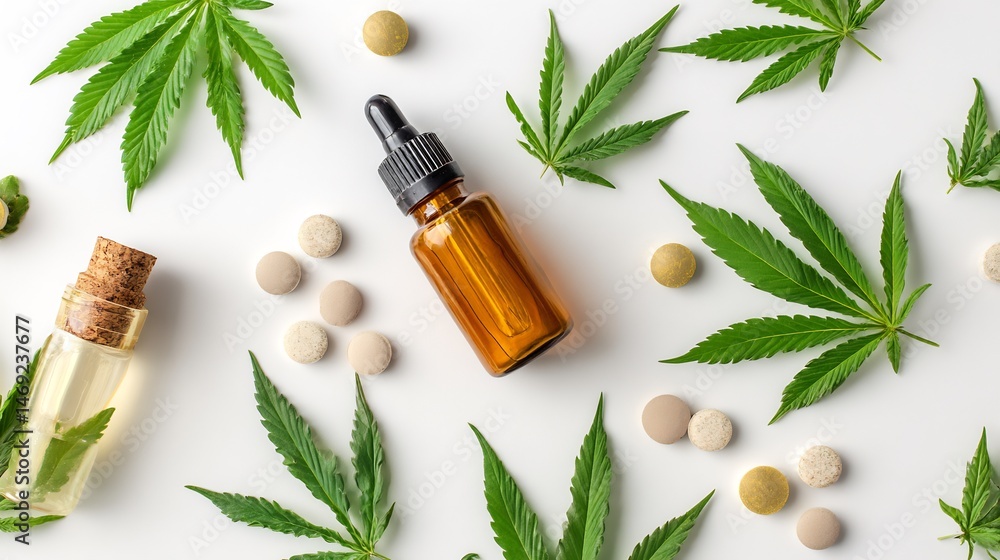 Medical cannabis tincture dropper pills and dosage guide in a flat lay on white background Medical cannabis tincture dropper pills and dosage guide in a flat lay on white background