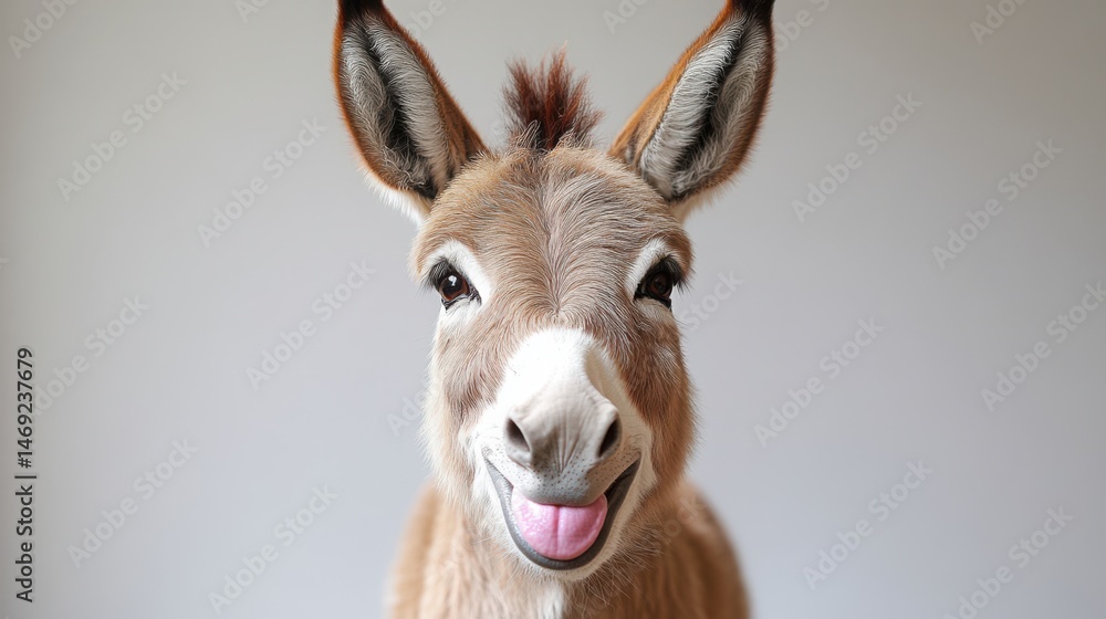 Fototapeta premium Funny donkey sticking out its tongue, playful and whimsical, high-key lighting, white backdrop, humorous and lighthearted, ultra-sharp focus