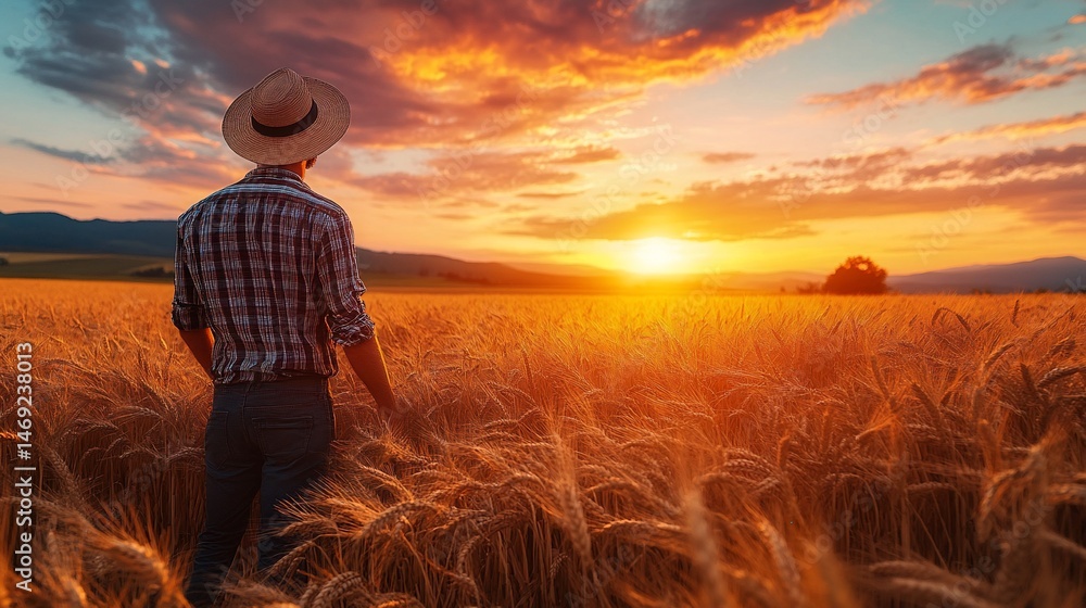 Fototapeta premium Farmer enjoying golden hour in a wheat field looking towards the horizon