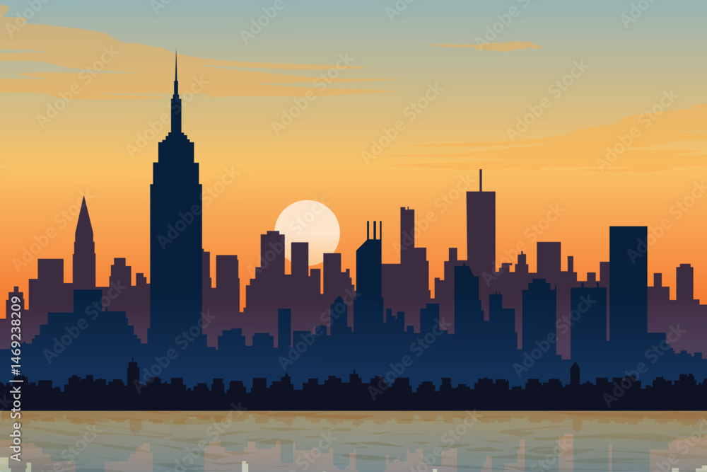 Obraz premium Silhouetted City Skyline at Sunset with Iconic Skyscrapers, Warm Twilight Sky, and Reflections on Calm Water. Majestic Urban Panorama Vector Illustration