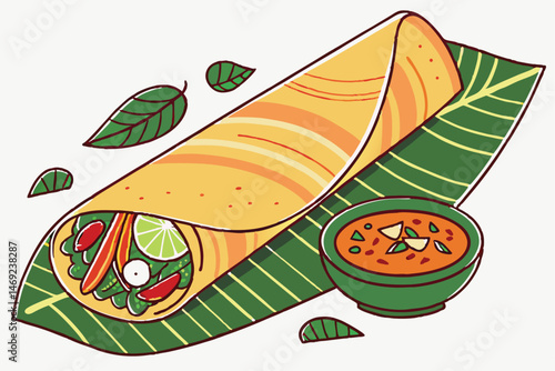 65 dosa on banana leaves, mint leaves, lime wedge, spicy sauce, flat bread, vegetables, food, indian, south asian, vibrant, detailed