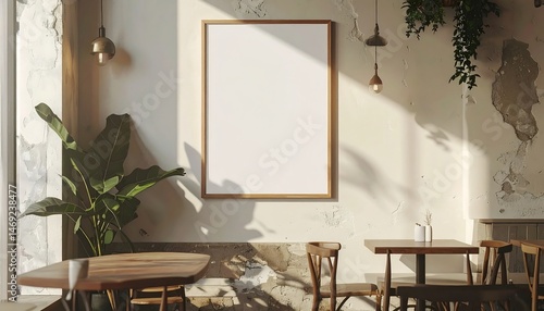 Sunlit Cafe Interior with Blank Poster Frame