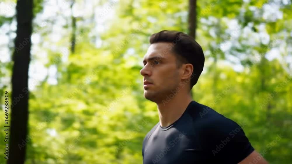Fit man running through the sunlit forest on a perfect summer day. Athletic male exploring the tranquil wilderness by jogging through the coniferous forest on a sunny day in spring. Fit man running through the sunlit forest on a perfect summer day. Athletic male exploring the tranquil wilderness by jogging through the coniferous forest on a sunny day in spring.