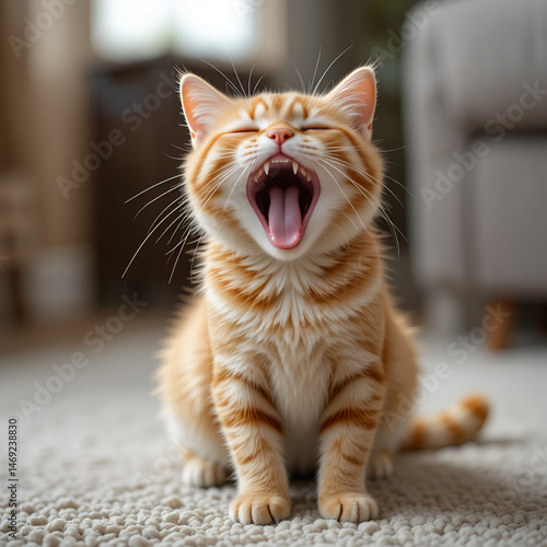 A cute orange tabby cat yawns widely while sitting on a carpet generated by AI