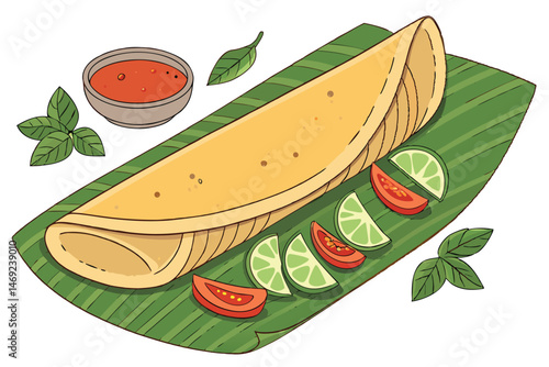 65 dosa on banana leaves, mint leaves, lime wedge, spicy sauce, flat bread, vegetables, food, indian, south asian, vibrant, detailed