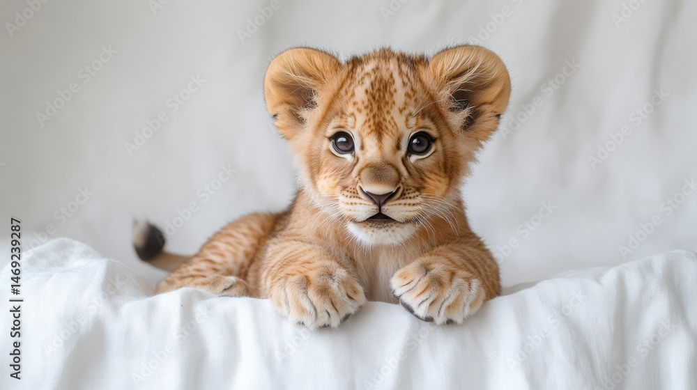 Fototapeta premium Adorable lion cub sitting on a white backdrop, big curious eyes, fluffy fur, playful expression, soft lighting, ultra-detailed, heartwarming vibe