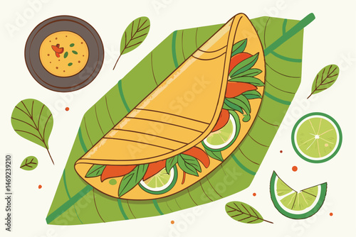 65 dosa on banana leaves, mint leaves, lime wedge, spicy sauce, flat bread, vegetables, food, indian, south asian, vibrant, detailed