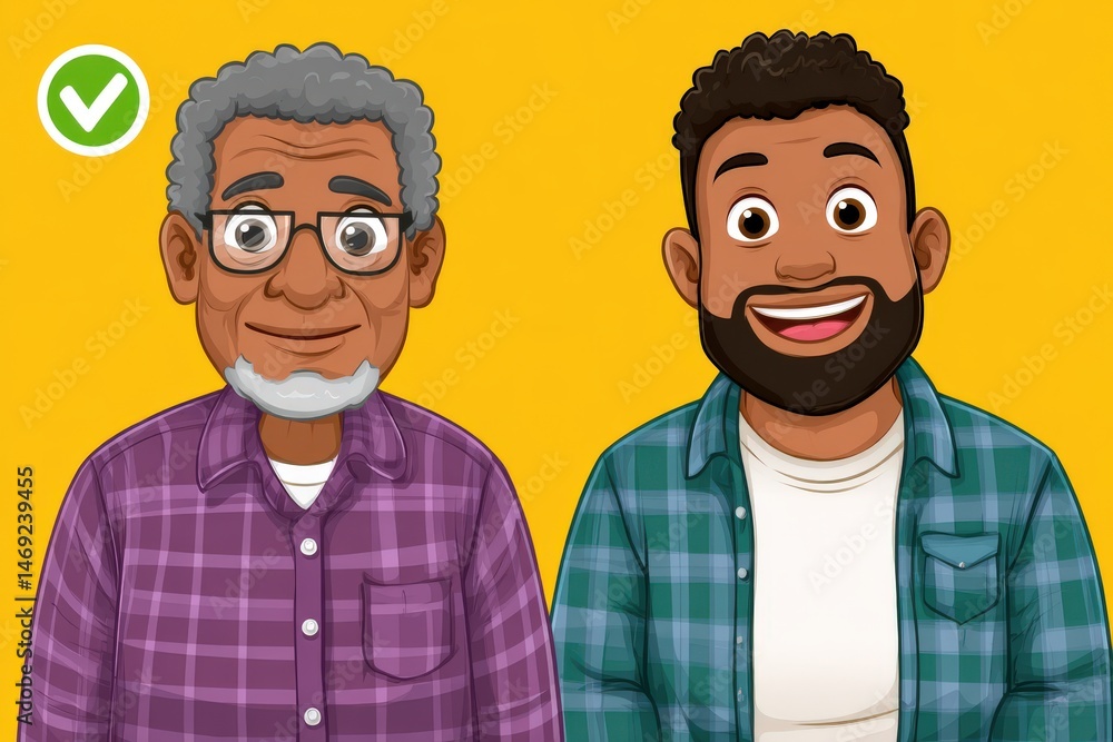 Authentic illustration of an elderly man and a young man smiling together in vibrant colors showcasing the beauty of generational connections and the joy of shared moments Authentic illustration of an elderly man and a young man smiling together in vibrant colors showcasing the beauty of generational connections and the joy of shared moments