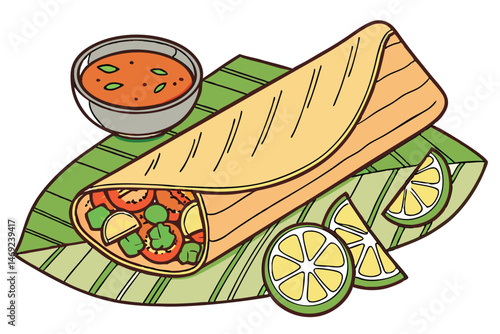 65 dosa on banana leaves, mint leaves, lime wedge, spicy sauce, flat bread, vegetables, food, indian, south asian, vibrant, detailed