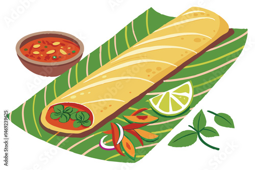 65 dosa on banana leaves, mint leaves, lime wedge, spicy sauce, flat bread, vegetables, food, indian, south asian, vibrant, detailed