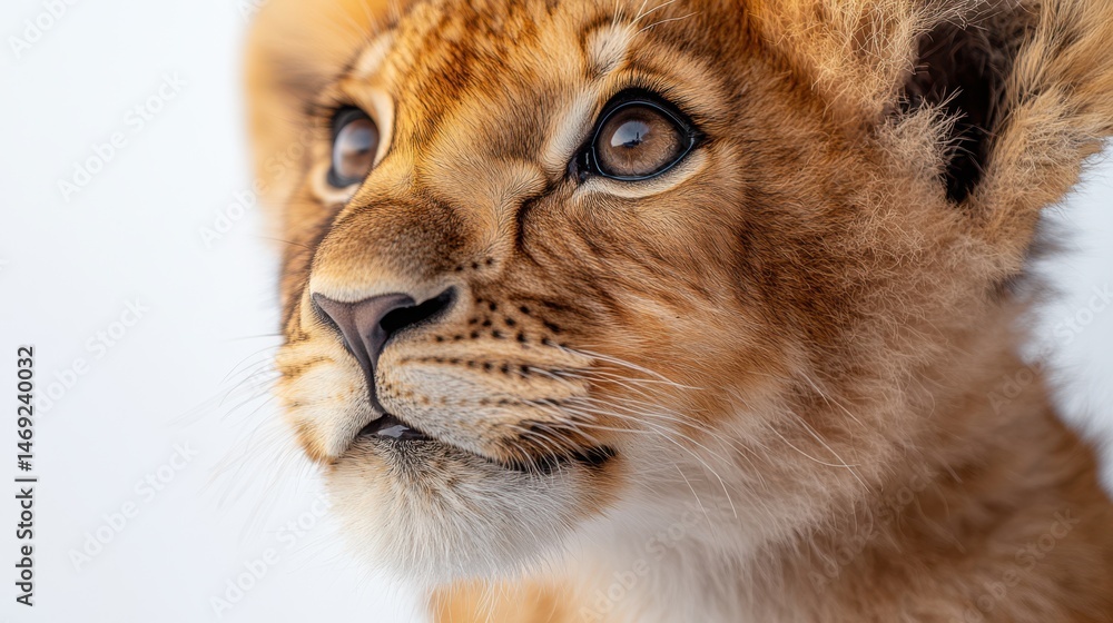 Obraz premium Fluffy lion cub with head tilted, curious and sweet, bright white backdrop, crisp details, charming and engaging personality