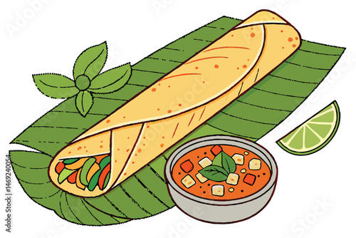 65 dosa on banana leaves, mint leaves, lime wedge, spicy sauce, flat bread, vegetables, food, indian, south asian, vibrant, detailed