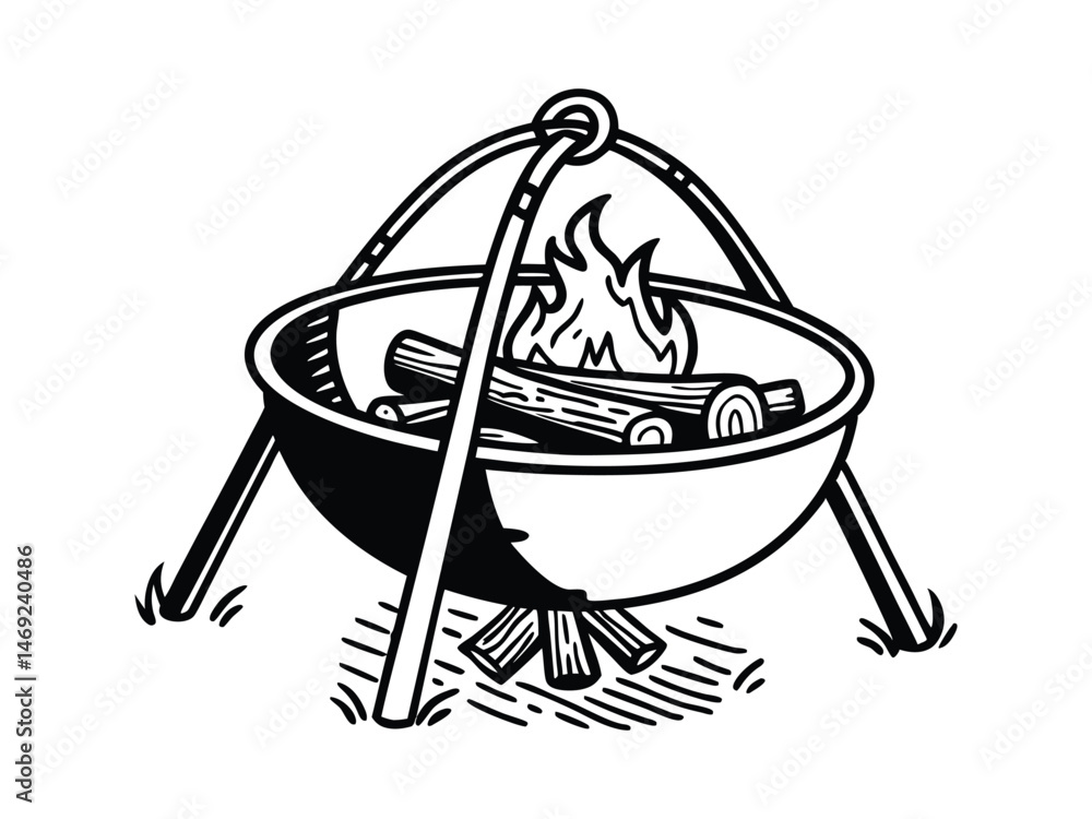 Fototapeta premium Fire Pit on three legs. Symbol of making campfire outdoors and traveling. Diwali festival icon. Line art round bonfire bowl. Black illustration for camping. Contour isolated vector on white background