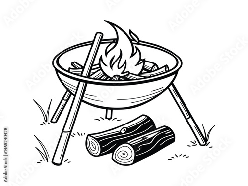 Fire Pit on three legs. Symbol of making campfire outdoors and traveling. Diwali festival icon. Line art round bonfire bowl. Black illustration for camping. Contour isolated vector on white background
