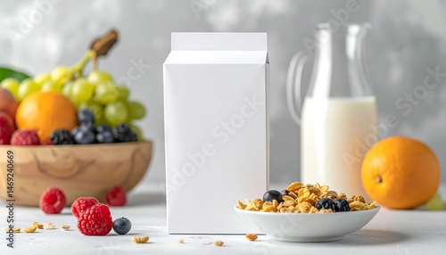 White Cereal Box Mockup with Fresh Fruit and Milk