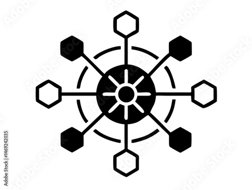 Black kubernetes cluster icon depicting cloud computing technology in a silhouette