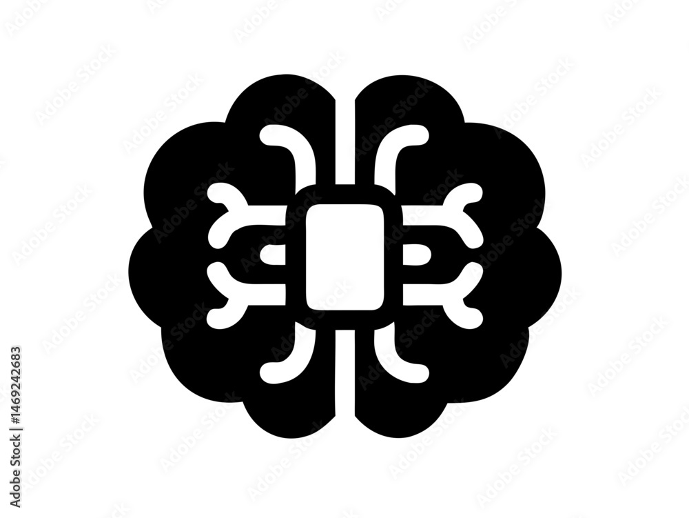 Conceptual black silhouette illustration depicting a brain chip with ai theme Conceptual black silhouette illustration depicting a brain chip with ai theme