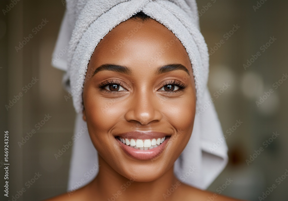 Smiling woman with a towel on her head, close up Smiling woman with a towel on her head, close up