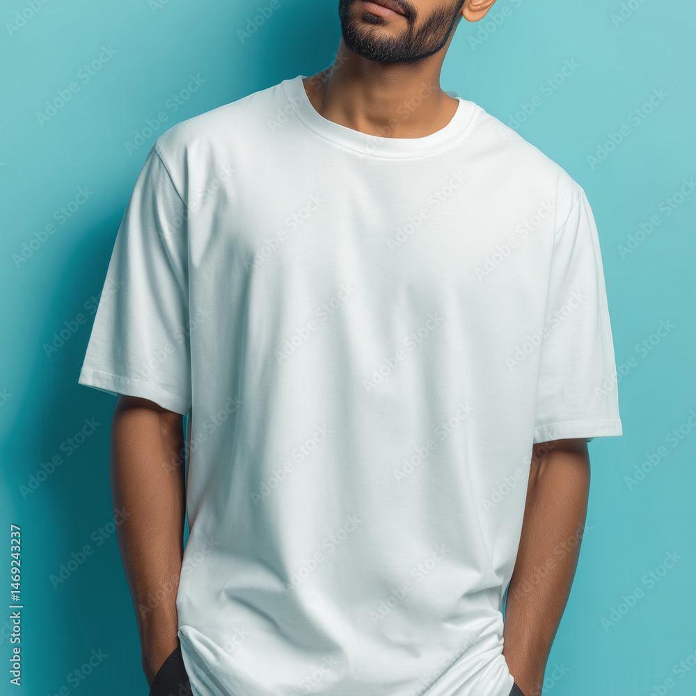 Mockup Indian male model wearing white oversized T-shirt, isolated on light blue photo studio background, Ai generated images Mockup Indian male model wearing white oversized T-shirt, isolated on light blue photo studio background, Ai generated images