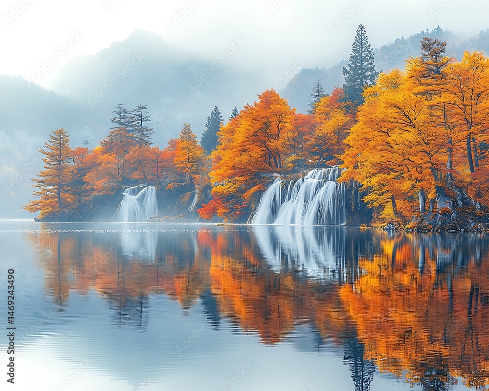 Obraz premium Autumnal landscape reflecting in a serene lake.