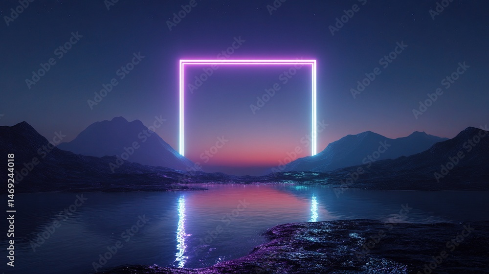 Fototapeta premium Vibrant Neon Geometric Rhombus in Serene Landscape at Dusk
