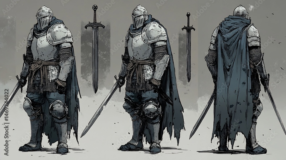 Medieval warrior concept art showcasing a fully armored knight sketch Medieval warrior concept art showcasing a fully armored knight sketch