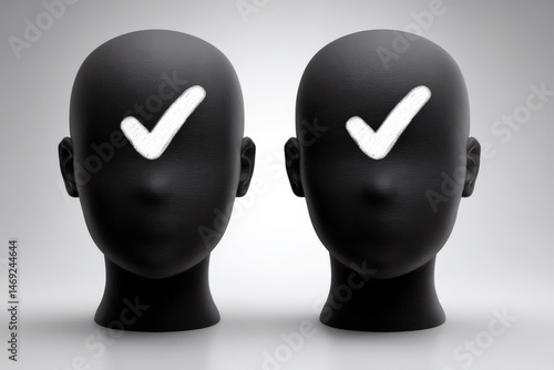 Two black mannequin heads with white check marks symbolizing acceptance and agreement in a minimalist design showcasing creativity and individuality in modern art