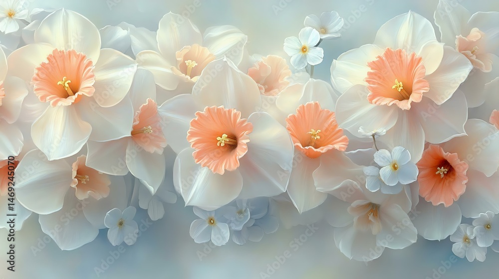 A beautiful arrangement of white and peach daffodils and delicate flowers against a soft blue background, creating a serene floral display. A beautiful arrangement of white and peach daffodils and delicate flowers against a soft blue background, creating a serene floral display.