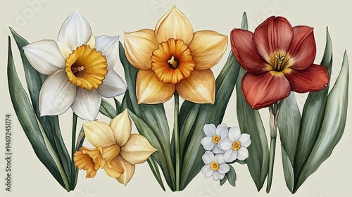 Beautiful illustration of daffodils and lilies, featuring white, yellow, and red flowers with lush green leaves, perfect for spring decor.