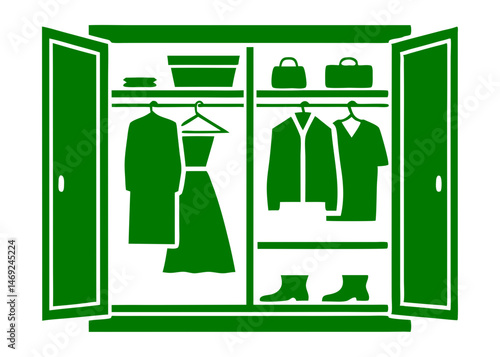 Green wardrobe icon depicting clothing and accessories on a transparent background