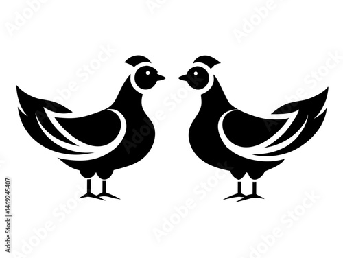 Minimalist black silhouette design depicting a hen and a duck facing each other